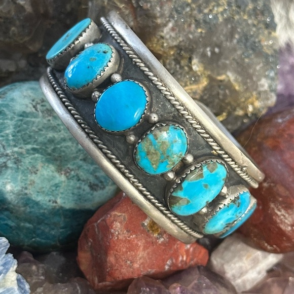 Turquoise  unisex men's sterling silver southwestern cuff - Picture 2 of 14